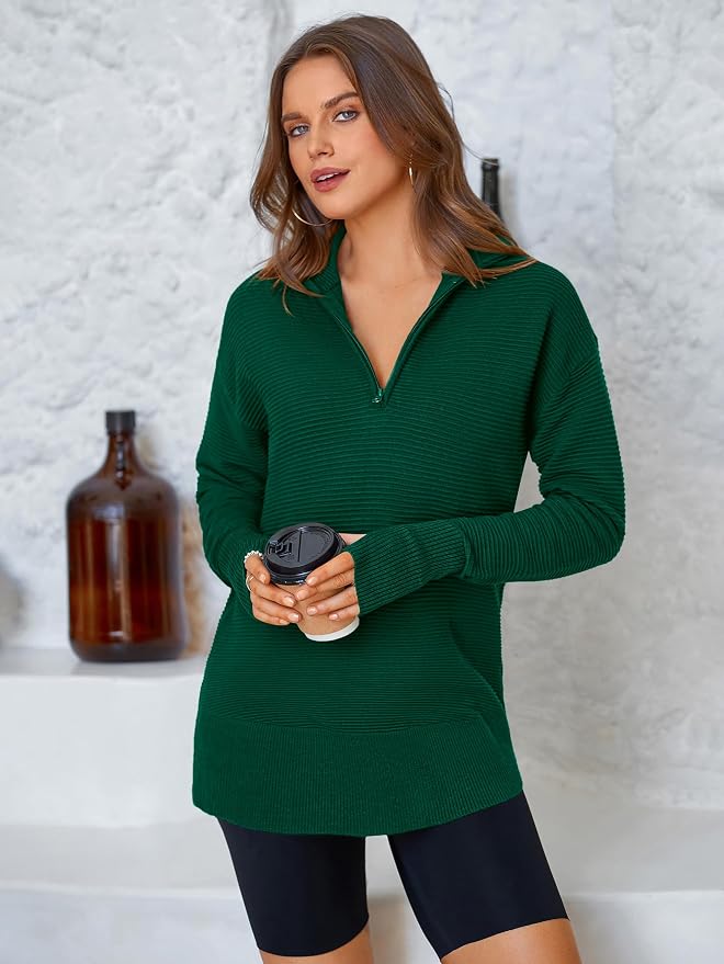 PRETTYGARDEN Womens Long Sleeve Quarter Zip Pullover Sweater Casual Loose V Neck Collared Ribbed Knit Jumper Tops Thumb Hole