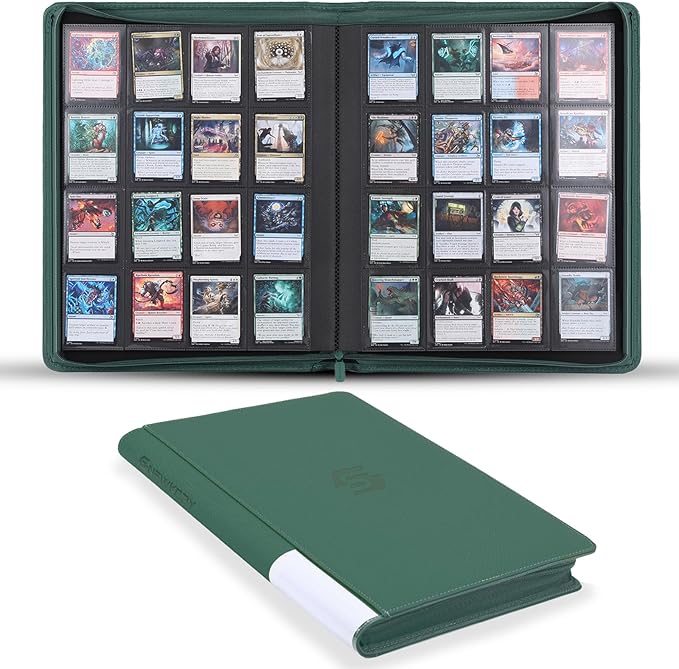 Snekdy premium 1024-pocket trading card binder, 16-pocket cards album, waterproof PU-leather Cover album with side loading, holds gaming, baseball, basketball & sports cards Green
