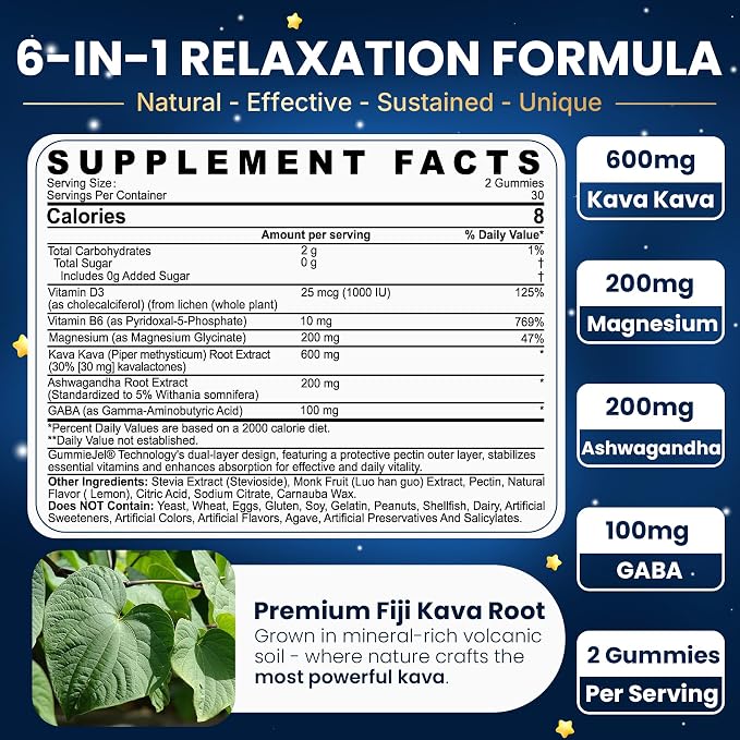 Kava Kava Gummies for Calm, Relaxation & Natural Sleep | w/GABA, Ashwagandha, Magnesium, Vitamin B6 D3 | High Potency Kava Root Extract Supplement | Sugar-Free, Melatonin-Free, 2 Pack