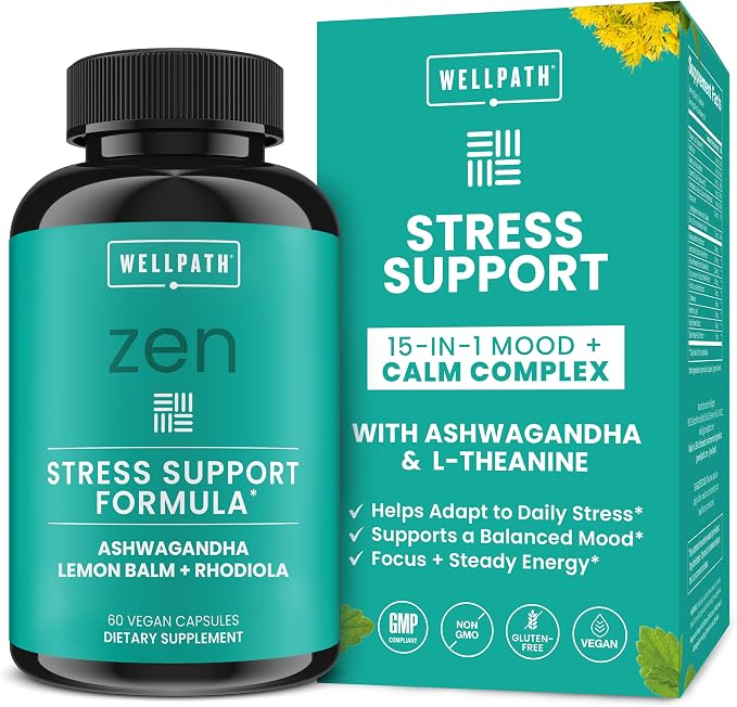 WellPath Zen Stress Relief Supplement + Mood Support | Calm, Stress & Energy Support | Ashwagandha Root, Rhodiola Rosea, L-Theanine, Lemon Balm | Herbal Capsules, 60 Ct