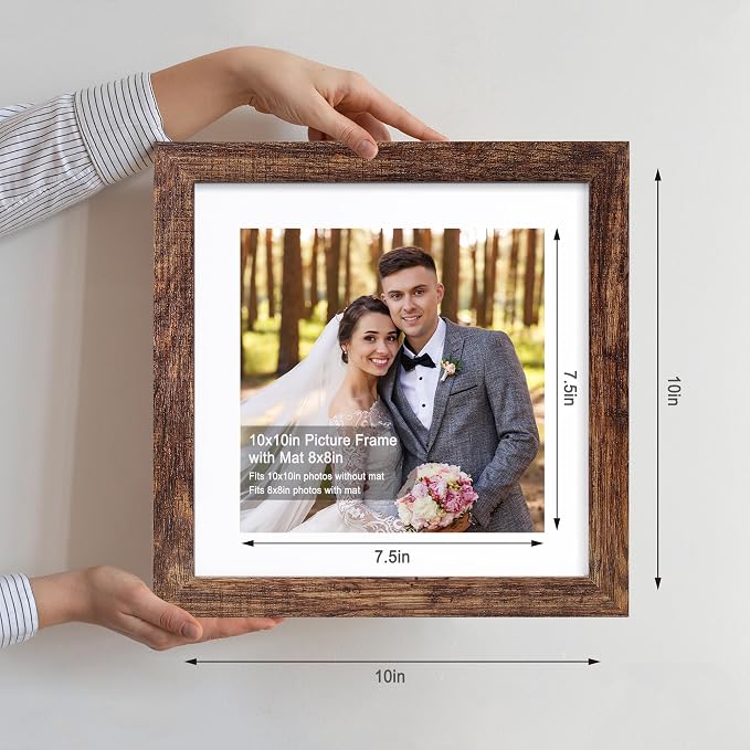 Hongkee 10x10 Picture Frame Set of 4, Made of Glass and Rustic Brown Wooden Frame - Display Picture 8x8 with Mat or 10 x 10 Without Mat, 10 by 10 Photo for Wall or Tabletop