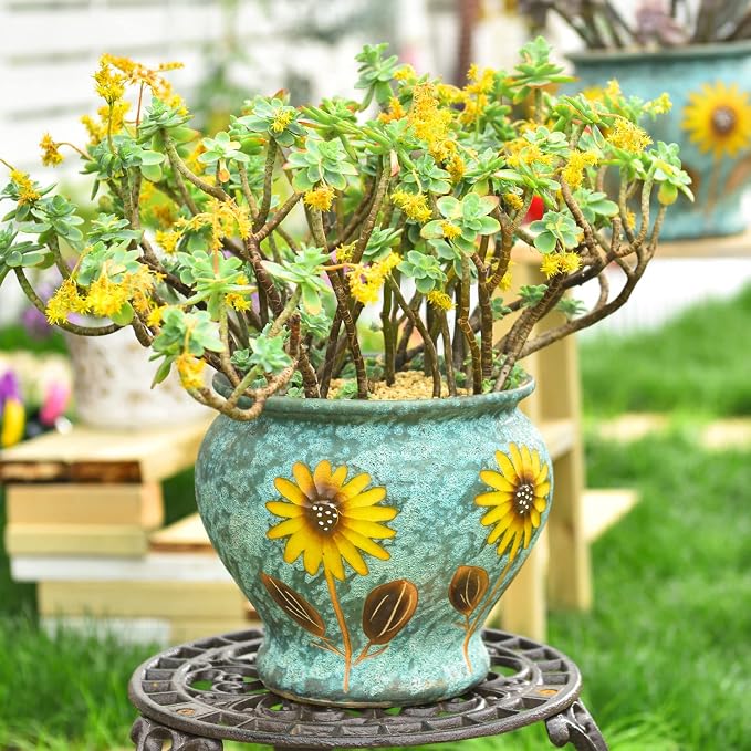 Sungmor 9 Inch Hand Painted Ceramic Succulent Plant Pots - Blue & Daisy | Vintage Decorative Pottery Planters for Indoor Outdoor Plants, Table Centerpieces & Flower Arrangement Home Decor