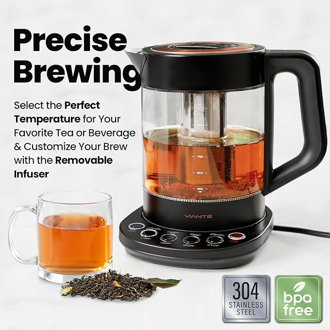 Viante Luxury Tea Set, Electric Kettle with Infuser, No Plastic In Contact With Water, 1.5L Borosilicate Glass, Ceramic Teapot, 4 Ceramic Cups, Bamboo Tray, Gift Box for Tea Lovers