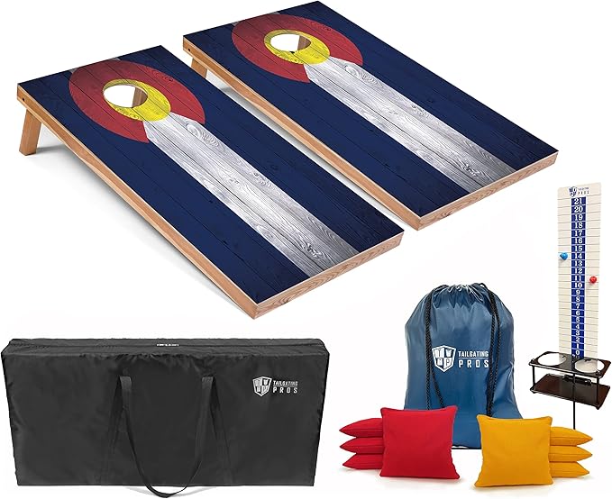 Tailgating Pros 4x2 Regulation Cornhole Boards Flag Set- Includes 8 Bean Bags, Carrying Cases, and Score Keeper - Optional LED Lights
