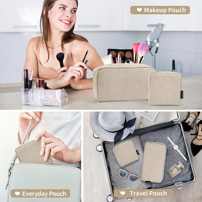 MAGEFY Small Makeup Bag for Purse Mini Cosmetics Bag Corduroy Cute Cosmetic Pouch for Women with Slip-in Pockets