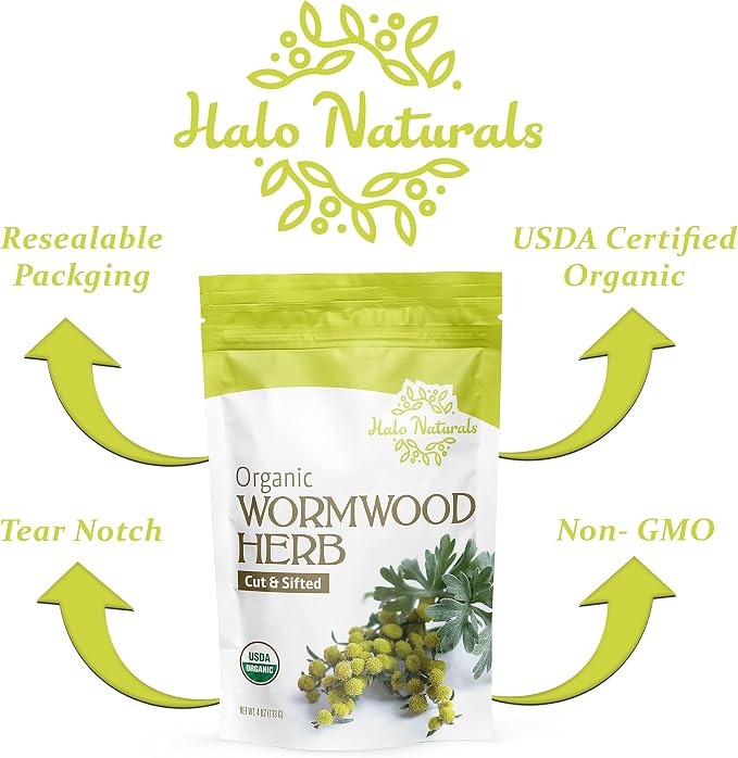 Halo Naturals Organic Wormwood Herb Cut & Sifted, 4 Ounces (Artemisia Absinthium) USDA Certified Wormwood Tea | Non-GMO | Vegan| Resealable Pouch| Packaged in The USA (Pack of 1)
