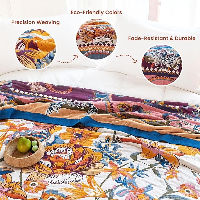 MSGKV Boho Throw Blanket 60"x80" 100% Cotton Victoria Floral Throw for Bed | 100% Cotton Throw, Victoria Floral, Reversible Woven, Lightweight Comfort, Farmhouse Decor, All Seasons, Machine Washable