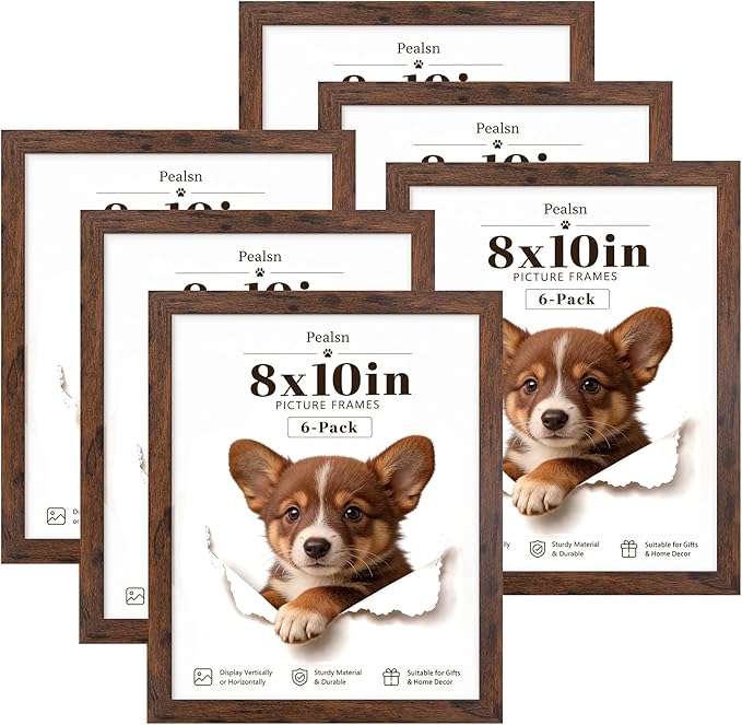 PEALSN 8x10 Picture Frame Set of 6, Brown Picture Frames with HD Plexiglass,Wall Gallery Photo Frames for Wall Mounting or Tabletop Display, Brown Woodgrain