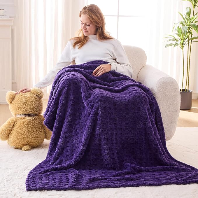 NEWCOSPLAY 3D Waffle Checkered Flannel Twin Blanket, Dark Purple, 60"x80" | Super Soft Cute Lightweight Decorative Premium Silky Fleece Blanket for Couch Sofa Bed, Gift for Women Men, All Season Use