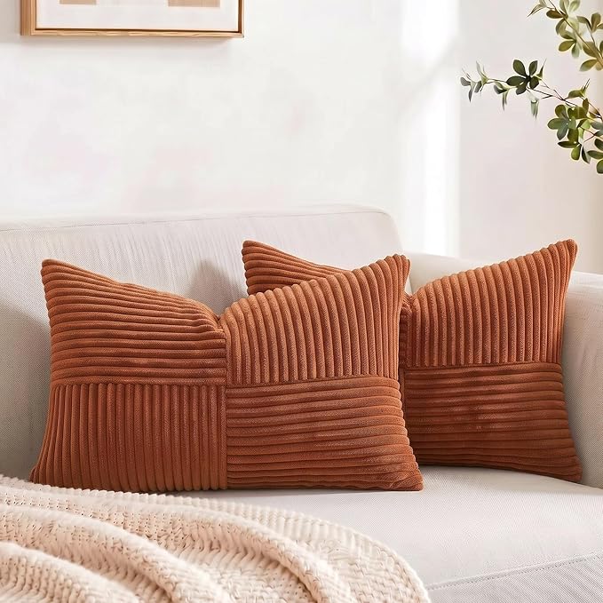Fancy Homi 2 Packs Rust Lumbar Decorative Throw Pillow Covers 20x28 Inch for Couch Bed Sofa, Rustic Farmhouse Boho Home Decor, Soft Striped Corduroy Rectangle Accent Terracotta Cushion Case 50x70 cm