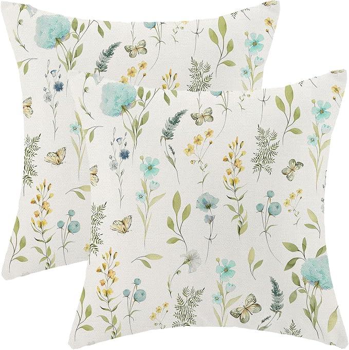 Spring Pillow Covers 18x18 Inch Set of 2, Aqua Teal Sage Green Wild Flower Throw Pillows Case,Colorful Seasonal Floral Plant Outdoor Decorative Farmhouse Decor Cushion Covers for Sofa Bed Couch