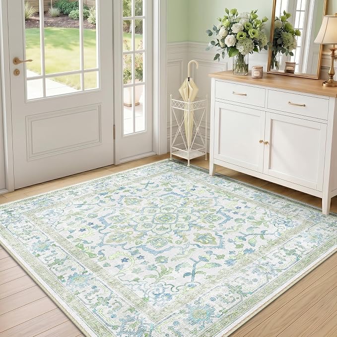 CAPALOCA Square 4ft Washable Nursery Girls Low Pile Area Rug Green Blue | Non-Slip Soft Rugs for Bedroom Kids Playroom Living Room, Print Pattern Water Repellent Carpet Indoor Decor