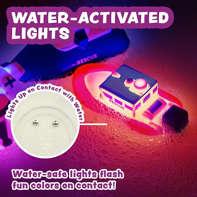Tub Works® Ocean Rescue™ Vehicles Light Up Bath Toys, 6 Pack | Water-Activated Light Up Toys Flash & Change Color | Easy-Grip Baby & Toddler Bath Toys | Sensory Toys with Bath Lights for Kids Bath