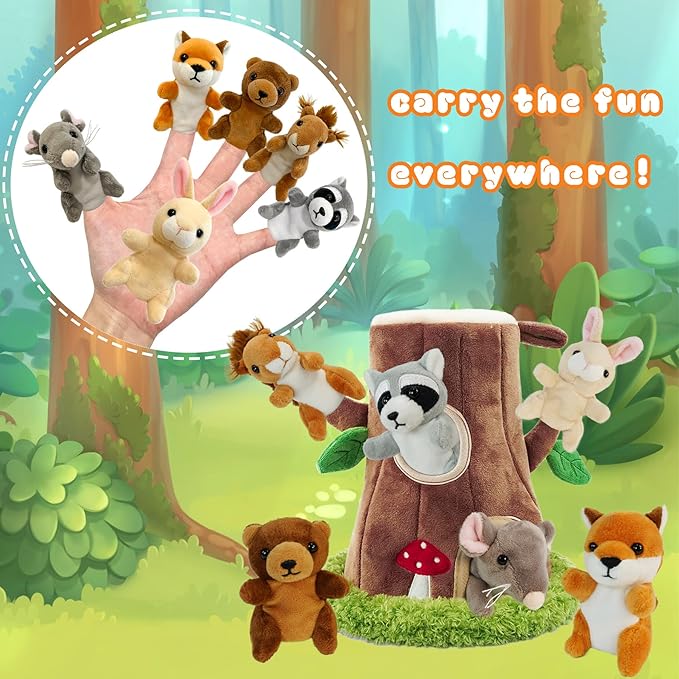 6 Pcs Jungle Animals Finger Puppet with Tree Houses,Realistic Soft Plush Puppets for Kids, Novelty Animals Toys Role-Playing Story Finger Puppets Gifts for Boys and Girls