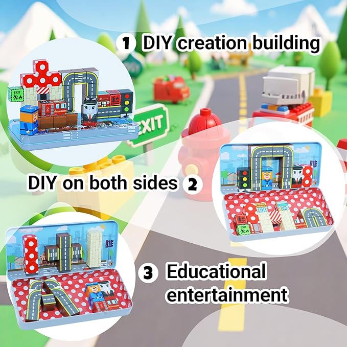Magnetic Blocks Set, 35PCS Educational STEM Travel Building Toys for Kids 3+, Portable Magnetic Block with Metal Storage Box, Toddler Learning Toys for Boys Girls 4-8 Birthday Gift(Road Transport)