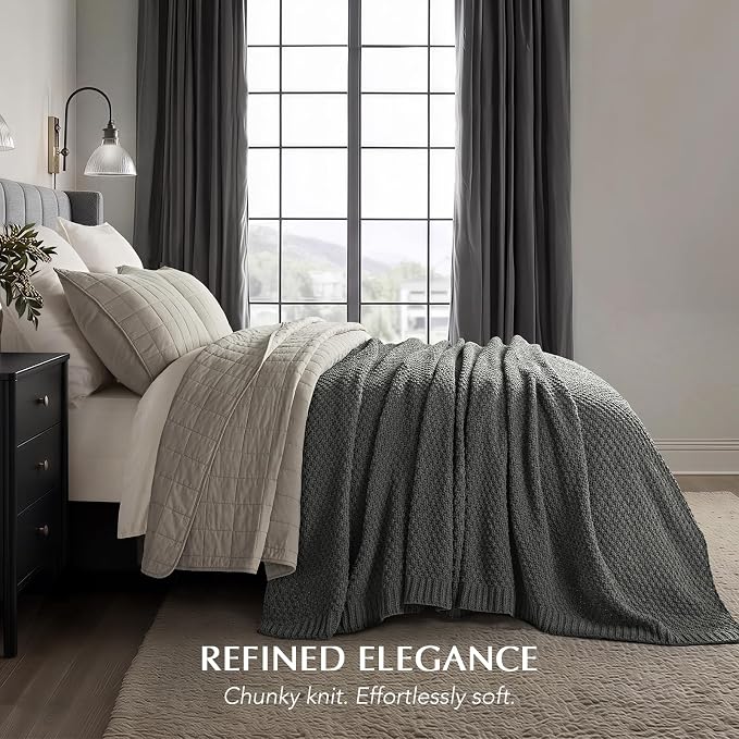 EVERGRACEHOME Chunky Chenille Knit Throw Blanket, 90 x 90, Charcoal Gray | Sculpted Moss Stitch, Chic Modern Farmhouse, All-Season Warmth, OEKO-TEX® Certified, Oversized Queen for Couch, Bed, Sofa