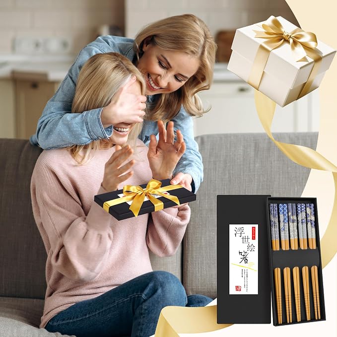 Antner 5 Pairs Bamboo Chopsticks Reusable Chopstick Exquisite Japanese Style Chop Sticks with Black Box for Sushi, Ramen, Hot Pot and Asian Dining, 8.8 Inch/22.5cm Gift Set