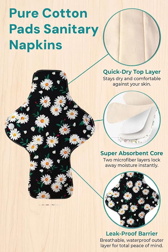 Washable Menstrual Pads,Reusable Incontinence Pads,Panty Liners Pads,Period Pads Sanitary Napkins,with 1 Storage Bag,for Women Postpartum/Incontinence Patients(Cotton Pink flower/M/6pcs)