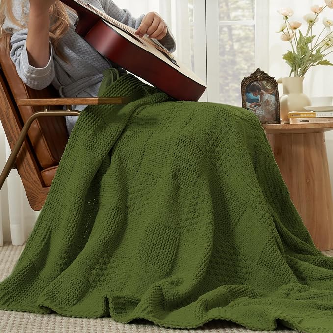 Knit Throw Blanket, Soft Chenille Cozy Breathable Checkered Chunky Decorative Blanket for Couch, Bed & Sofa, French-Inspired Lightweight Warm Gift for Women, Olive Green, 50"x60"
