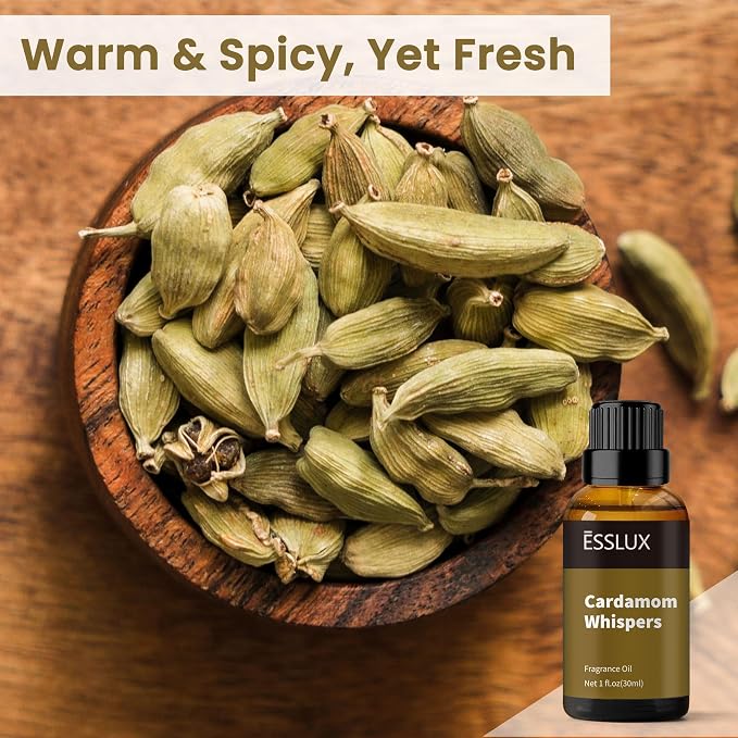 Fragrance Oil, ESSLUX Cardamom Whispers Large Single Essential Oil 30ml, Middle Eastern Aromatherapy Candle Making Scents, Spicy Scented Oils for Home for Diffuser, Massage, Soap, Perfume, Humidifier