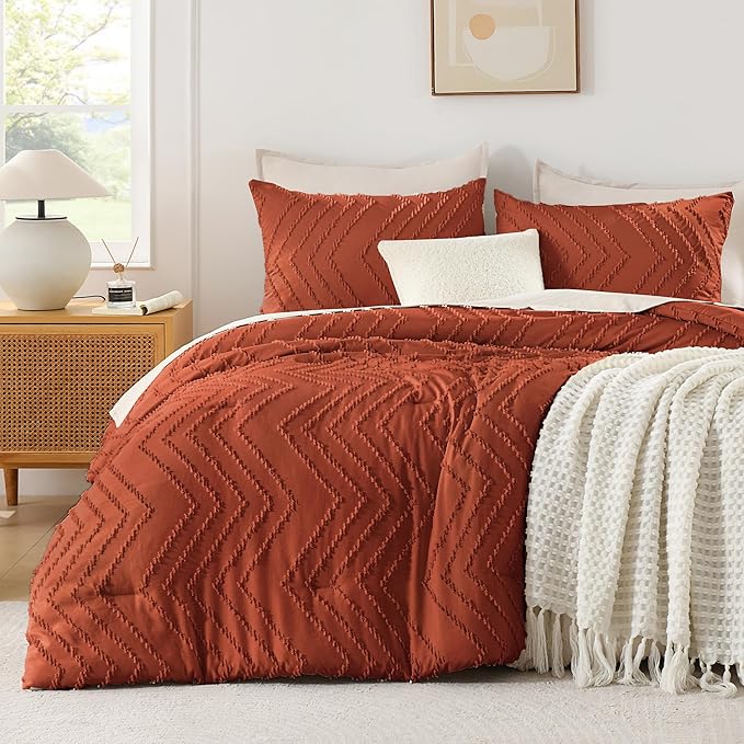 Andency Burnt Orange Oversized Super King Plus Comforter Set 128x120, Extra Large King Size Comforter Oversize Boho Soft Warm Bedding Comforter Sets, 3 Pieces Aesthetic Chevron Textured Bedding