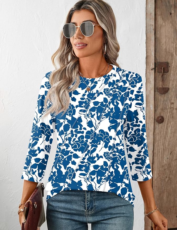 LOMON 3/4 Length Sleeve Womens Tops Spring Summer Fashion 2026 Tops Crew Neck Pleated Shirts Tunic Top Loose Fit