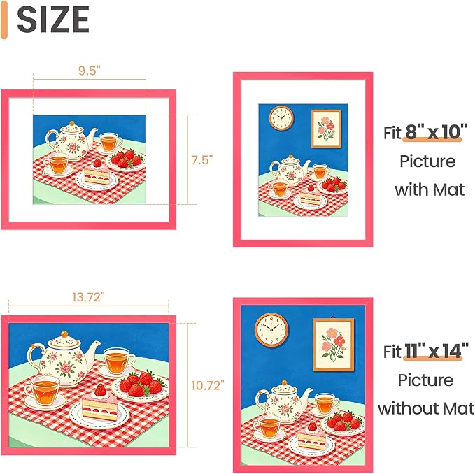 upsimples 11x14 Picture Frame, Display Pictures 8x10 with Mat or 11 x 14 Without Mat, Wall Hanging Photo Frame, Hot Pink, 1 Pack