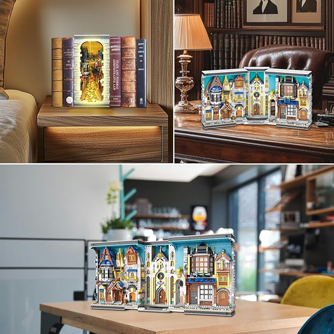 Medieval Architecture Book Nook Building Set with Light, European Century Street View Bookend, DIY Bookshelf Building Block Kit for Home Decor, House Model for Adults Kids Boys Girls Age 8+