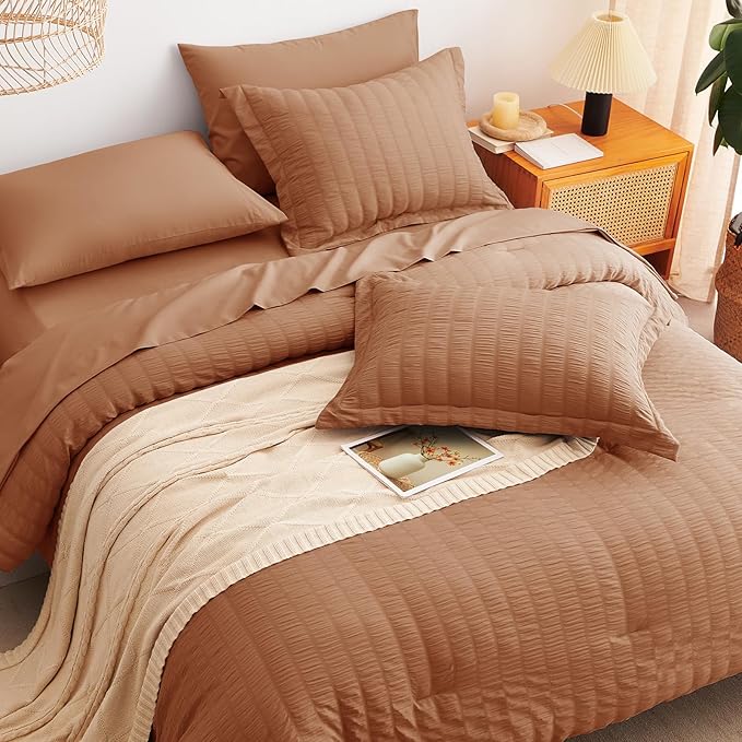 CozyLux King Size Comforter Set Pumpkin Seersucker 7 Pieces Bed in a Bag King Comforter Set with Sheets, Luxury Soft Bedding Set with Down Alternative Comforter, Sheets, Pillowcases & Shams All Season