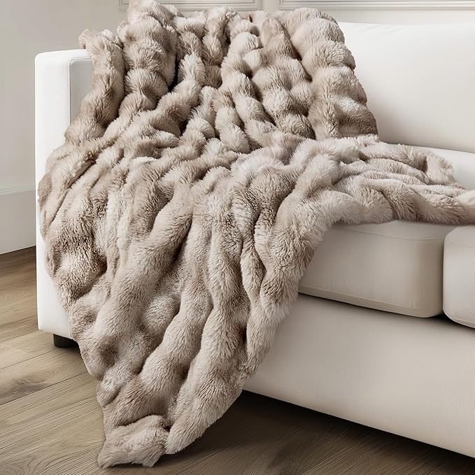 Ultra Soft Cozy Faux Fur Throw Blanket, Fuzzy Plush Thick Bubble Blanket, Oversize Luxury Fluffy Blanket for Couch, Sofa, Bedroom, and Living Room,50x60 Inches,Tie-Dye Light Taupe