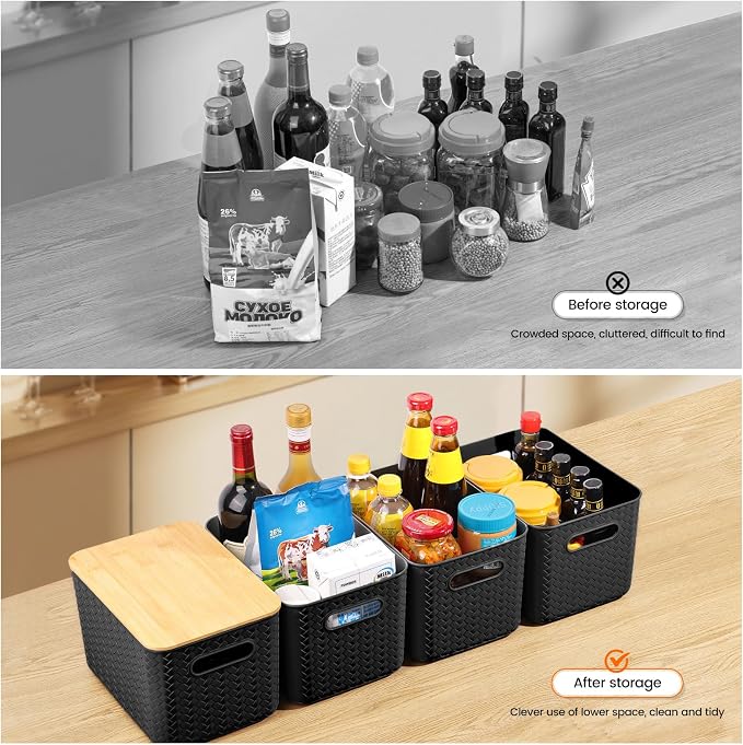 Ohmlove 4 Packs Storage Bins with Bamboo Lids - Plastic Storage Containers with Lids Stackable Storage Box: Storages Baskets for Organizing Desktop Closet Playroom Classroom Office, Black