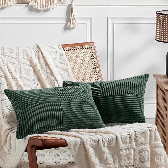 Fancy Homi Set of 2 Dark Green Long Lumbar Decorative Throw Pillow Covers 16x24 Inch for Living Room Couch Bed, Boho Farmhouse Forest Green Home Decor, Soft Corduroy Corss Textured Cushion Case