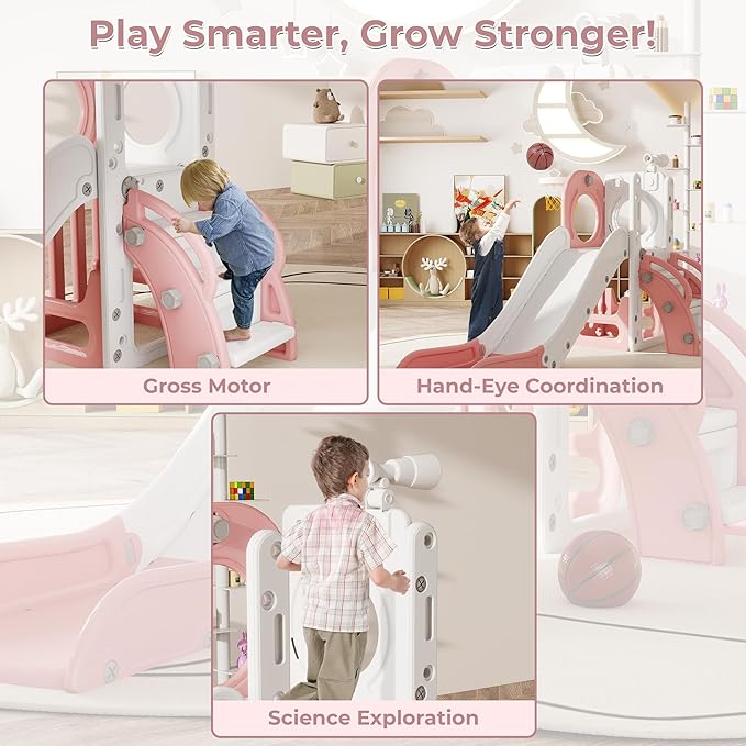 Toddler Slide, Outdoor Indoor Slide for Toddlers 1-3, Freestanding Slides with Basketball Hoop, Telescope, Storage Space and Non-Slip Steps (Pink)