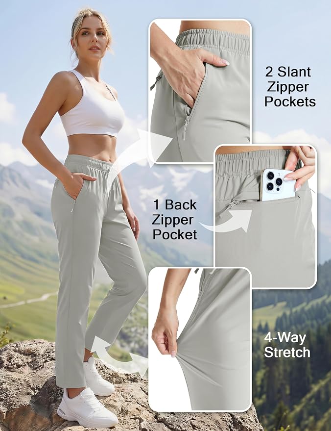 MAGCOMSEN Women's Hiking Pants Lightweight Quick Dry UPF 50 Water Resistant Elastic Waist Golf Travel Pants Zip Pockets