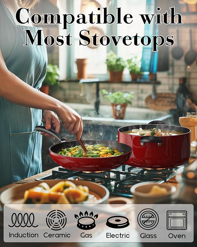 Cook N Home Professional 8/9.5/11 Inch Nonstick Frying Pan Set, Kitchen Cooking Skillets Saute Fry Pan, Induction Compatible, 3-Piece, Red