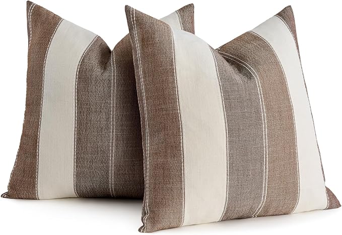 Pack of 2 Farmhouse Stripe Check Throw Pillow Covers Set Case Cotton Linen Decorative Pillowcases Cushion Cover for Couch Bench Sofa 20x20Inch Brown