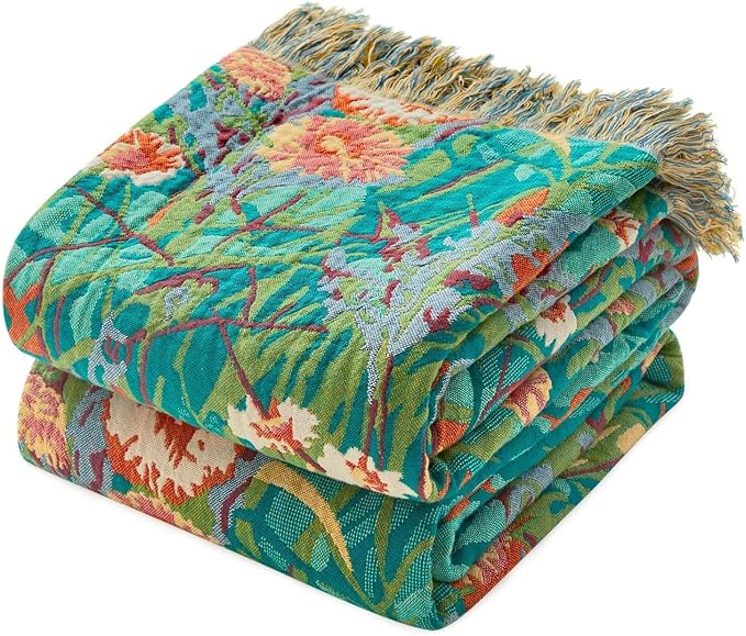 MSGKV Boho Throw Blanket 50"x60" 100% Cotton Floral Blanket for Couch Bed | Super Soft Muslin, Everyday Comfort, Lightweight, Farmhouse Decor, Breathable, All Seasons, Machine Washable, Cozy Comfort
