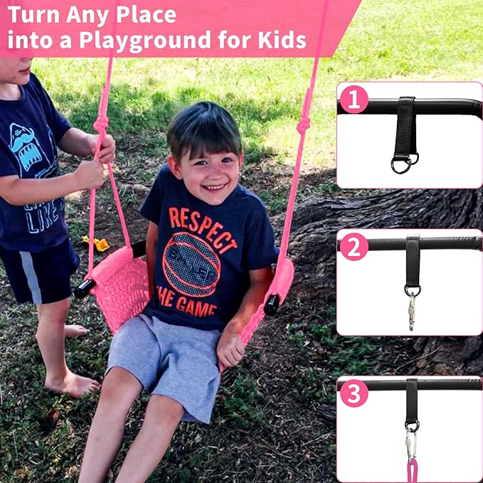 Hi-Na Tree Swing for Kids, Adjustable Toddler Rope Swing Seat with Snap Hooks and Straps, 440 lbs Capacity, Swingset Accessories for Indoor Porch Doorway Outdoor Playground Backyard (Pink)