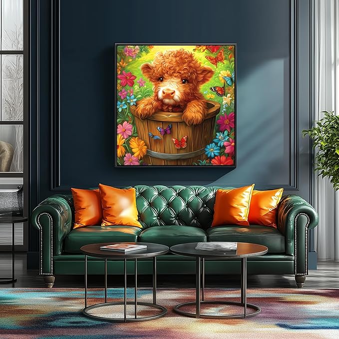 500-Piece Jigsaw Puzzle - Cute Highland Cow with Butterfly & Flower Design - Unique Challenging Family Puzzle, 20x20 Inches - Ideal Gift for Adults & Puzzle Enthusiasts