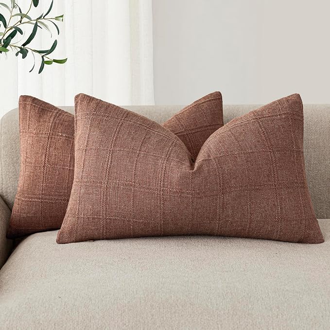 Foindtower Set of 2 Decorative Linen Check Throw Pillow Covers Neutral Farmhouse Lumbar Cushion Covers Modern Boho Home Decor for Sofa Chair Couch Bedroom Living Room,12×20 Inch,Autumnal Red