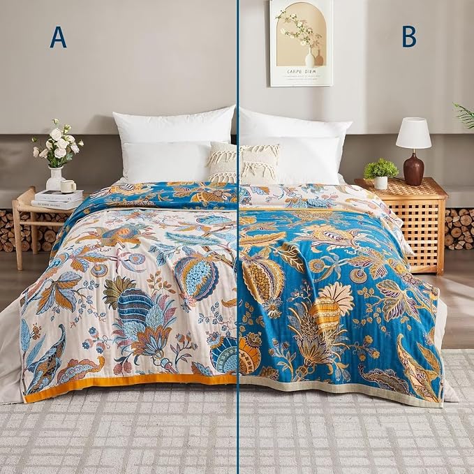 Boho Throw Blanket for Bed 100% Cotton Bohemian Blankets Ultra Soft Woven Muslin Decorative Blankets All Seasons Vintage Quilt Knitted Blanket for Sofa Chair(Beige, 60"x80")