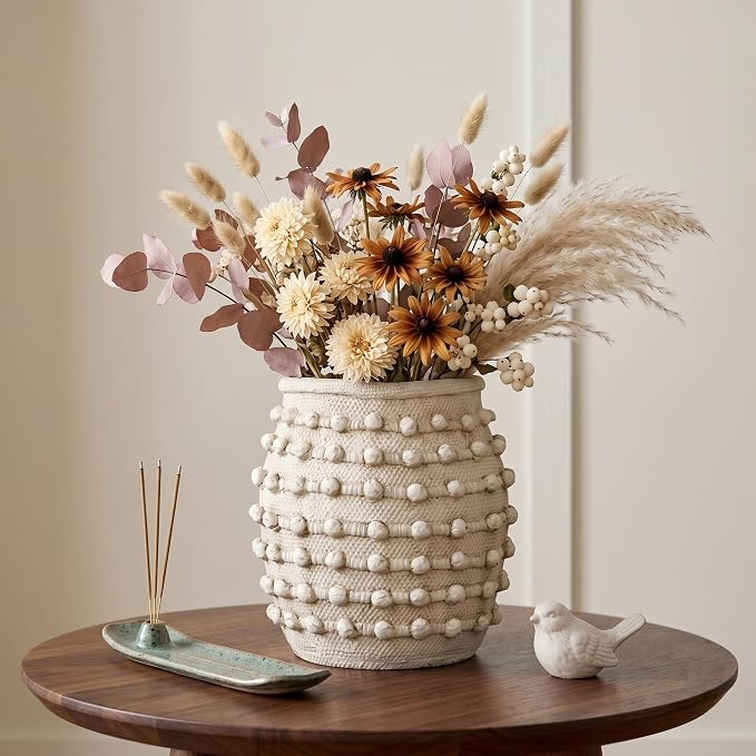 Rustic Farmhouse Vase, Boho Beige Vase for Pampas Grass Large Textured Knotted Vases for Flowers Decorative Cement Floral Vases for Home Decor, Living Room, Dining Table