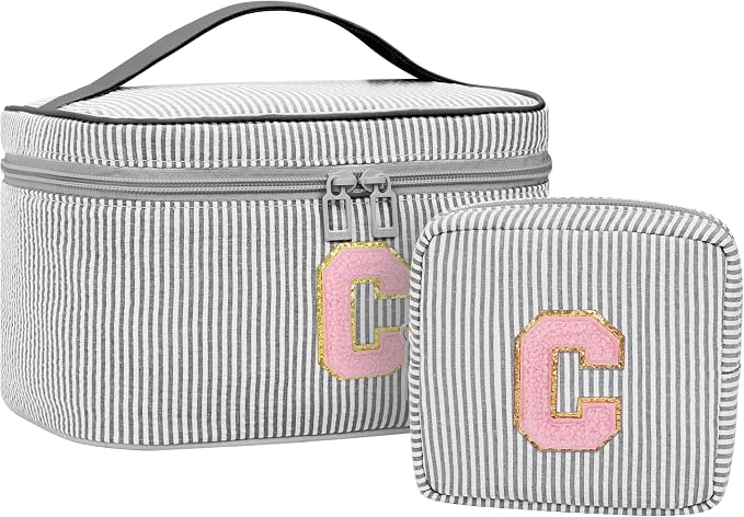 MONSTINA Personalized Initial Makeup Bag| Toiletry Bag for Girls&Women,Make Up Case for Girlfriend Bridesmaid Wife,Birthday Gift for Her Cute,2PCS,Black C