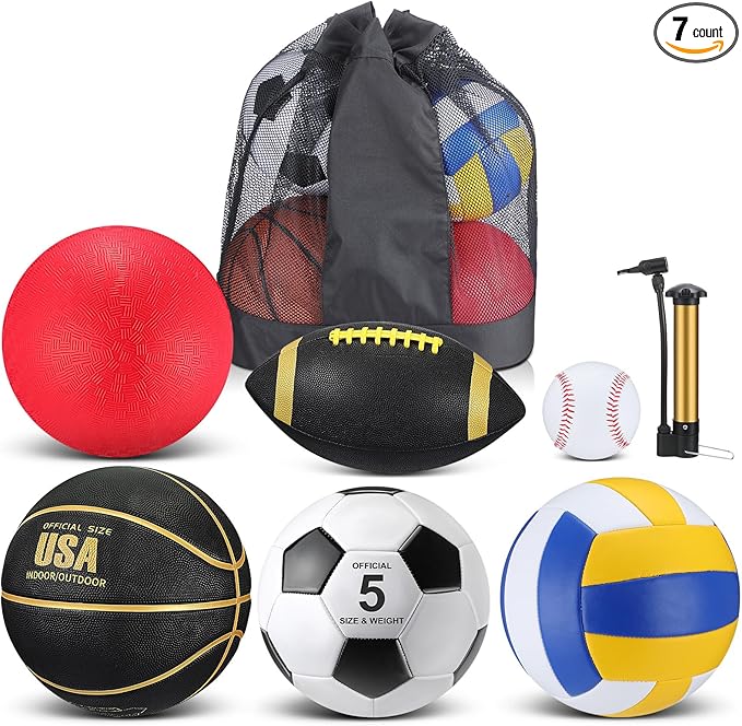 Libima 6 Pcs Multi Sport Ball Set Gift Official Size Football, Basketball, Soccer, Volleyball, Playground Ball, Baseball with Outdoor Sports Equipment Bag Pump for Christmas Holiday