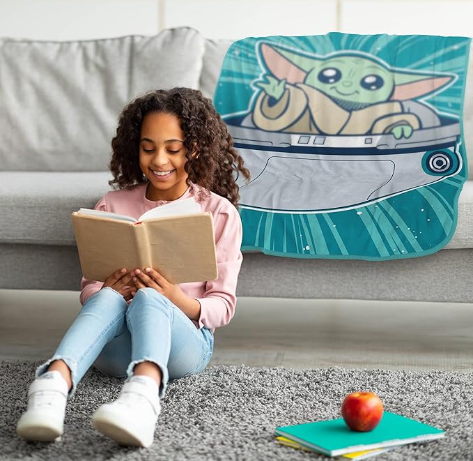 Jay Franco Kids Plush Throw Blanket – Soft & Cozy Fleece Throw for Bedroom & Couch Décor, Official Licensed Product, Teal - Mandalorian, 40x50 - Travel Blanket