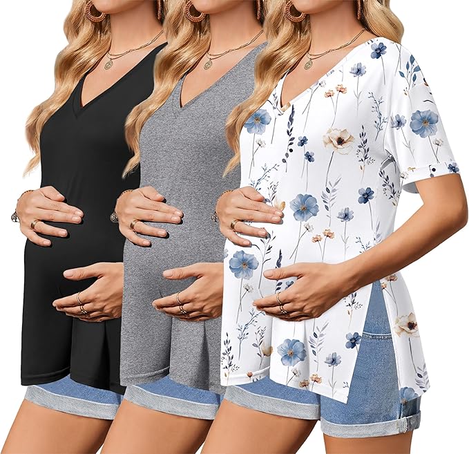Ekouaer 3 Packs Women's Maternity Shirts V Neck Pregnancy Tops Short Sleeve Casual Workout Tees Side Split Mama Clothes
