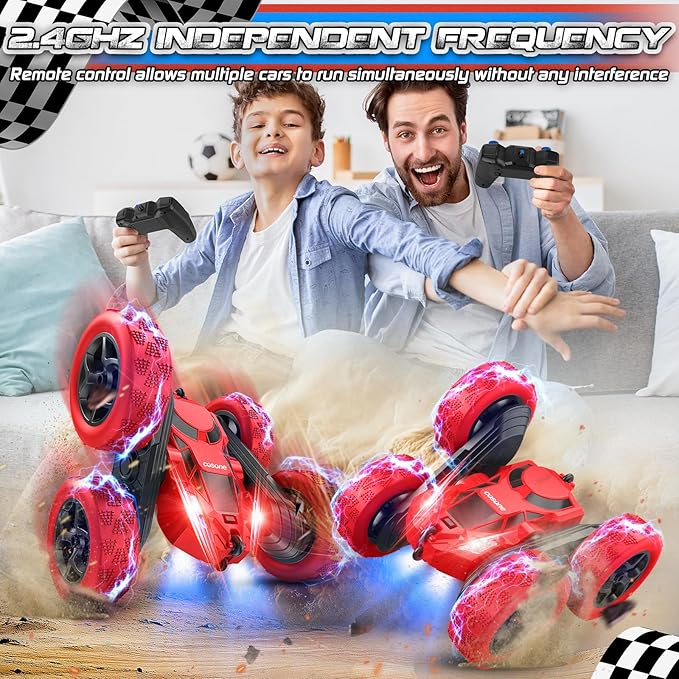cosone Remote Control Car for Boys - Car Toy for Kids Age 6 7 8 9, 4WD 2.4Ghz Double Sided 360° Rotating RC Cars with Headlights, Christmas Birthday for Boys and Girls - Red