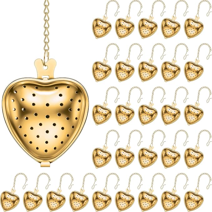 Sumind 50 Pcs Stainless Steel Tea Strainer Ball Infuser Loose Leaf Steeper Interval Diffuser Heart Shape Mesh Filters with Extended Chain Hook for tea party Seasonings Cup Bottle(Gold)