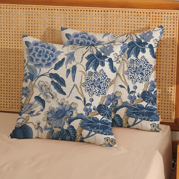 Blue Pillow Covers 20x20 Inch Set of 2 Vintage Blue Floral Throw Pillows Chinoiserie Flower Decorative Pillow Cases Outdoor Linen Farmhouse Cushion Cover for Couch Home Sofa Bed Decorations