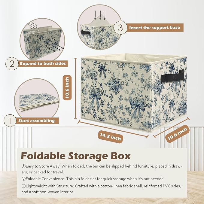 Chinoiserie Bow Floral Storage Box Bins, Blue and White Grandmillennial Flower Collapsible Storage Basket Organizer for Bedroom Laundry Room Home Clothes Books, Decor for Room